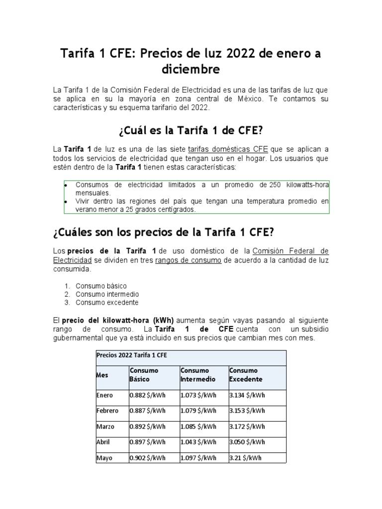 Tarifas 1 CFE: Precios y Consumos 2022 | PDF | México | Electricidad