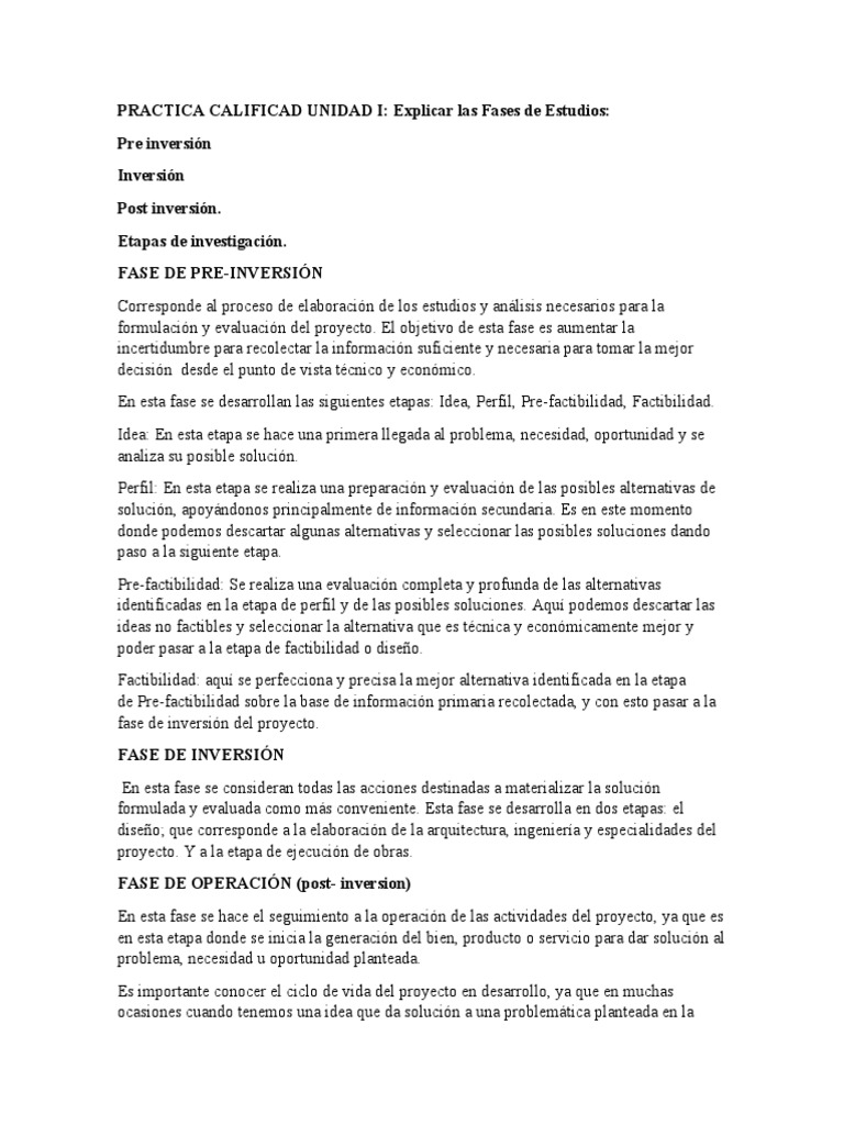 Fases de Estudios: Pre-inversión, Inversión y Post-inversión | PDF ...