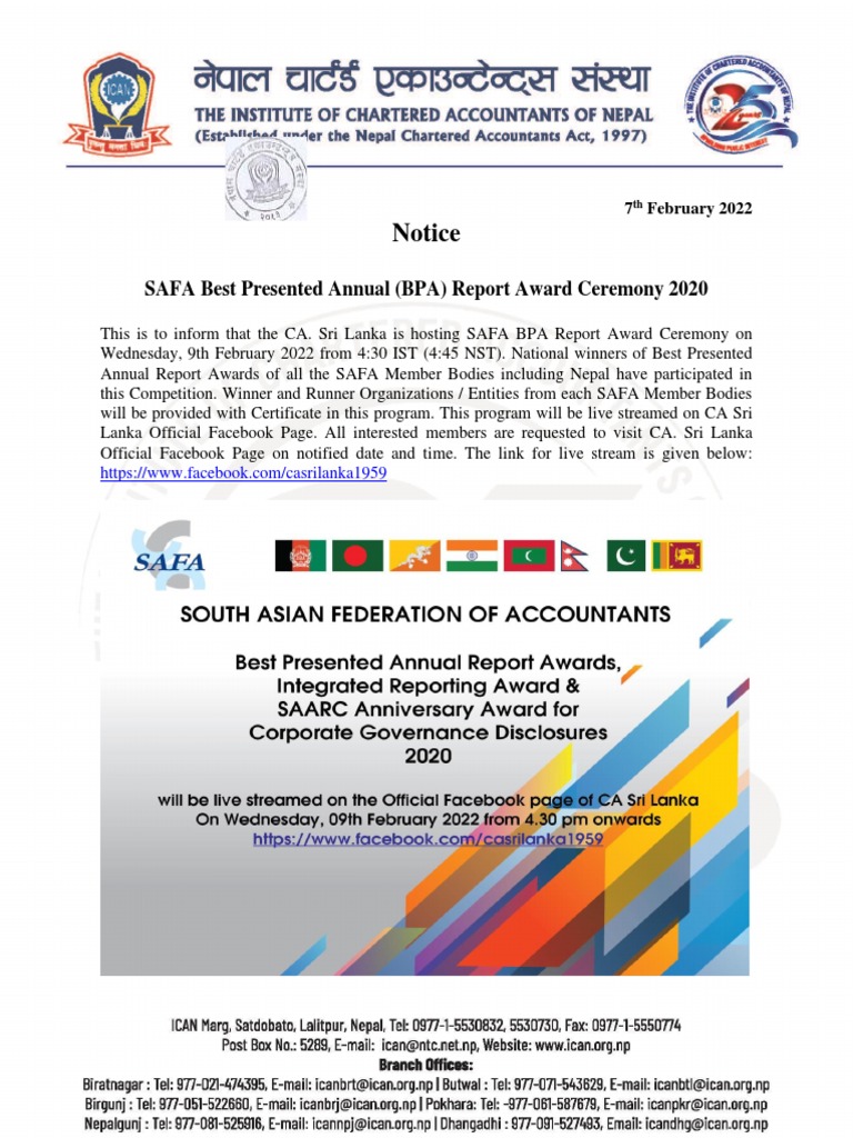 Notice: SAFA Best Presented Annual (BPA) Report Award Ceremony 2020 ...