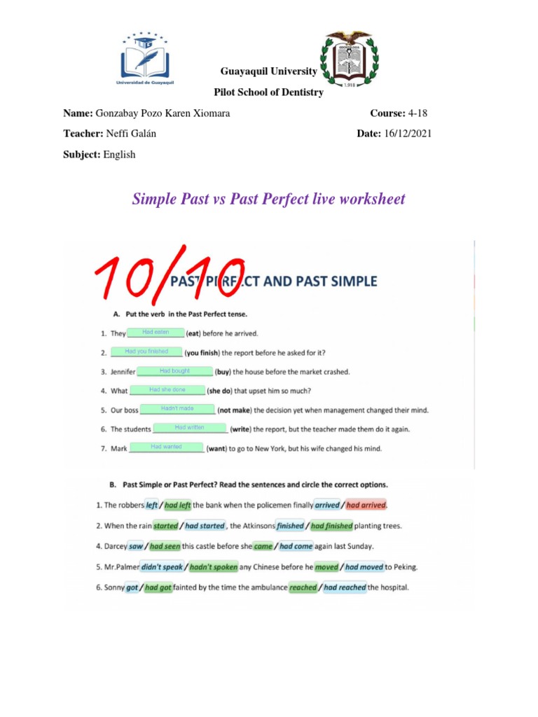 Simple Past Vs Past Perfect Live Worksheet | PDF