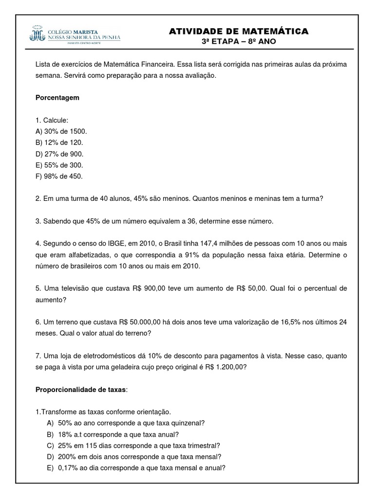 8º ANO - Lista de Exercícios de Financeira - 3 Etapa | PDF | Juros ...