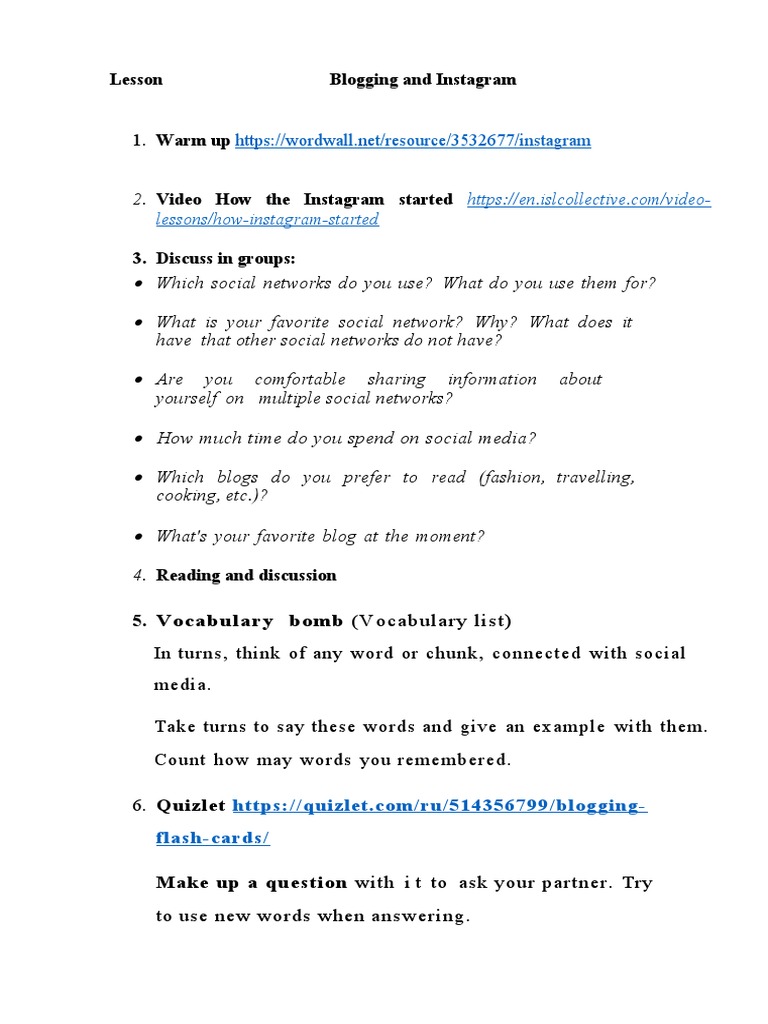 Lesson Blogging and Instagramm | PDF