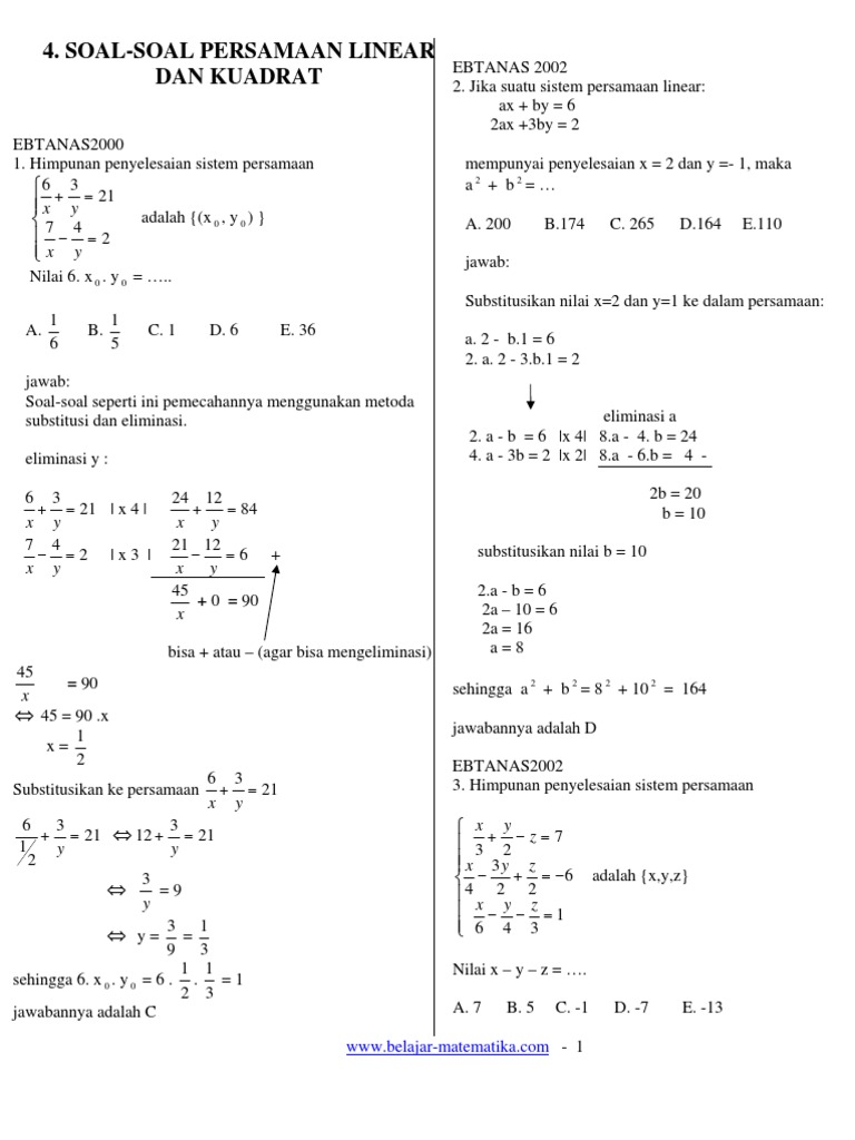 Soal Soal Persamaan Linear Dan Kuadrat