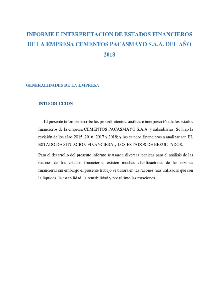 Informe e Interpretacion de Estados Financieros de La Empresa Cementos ...