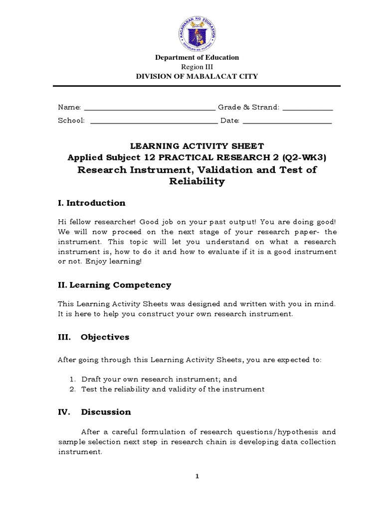 Research Instrument, Validation and Test of Reliability | PDF | Survey ...
