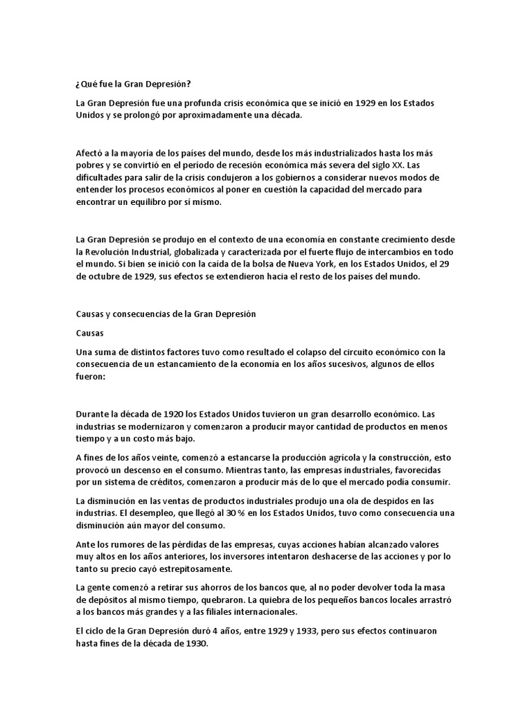 Causas y efectos de la Gran Depresión | PDF | Gran depresion ...
