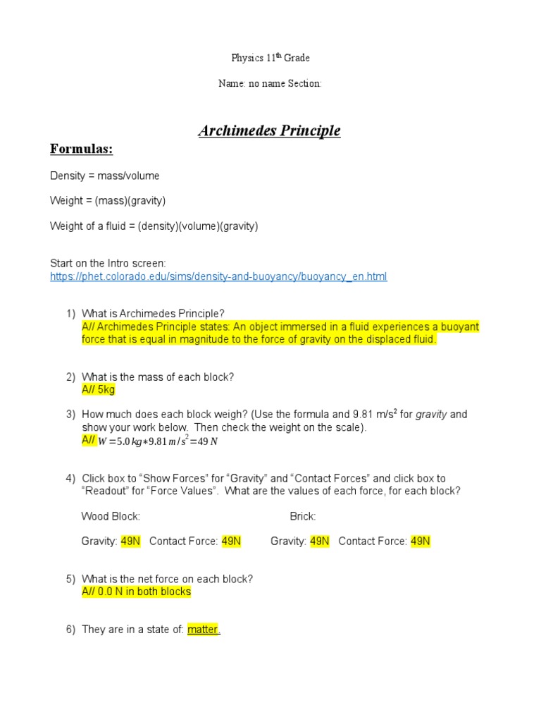 Archimedes Principle Formulas Pdf Buoyancy Weight