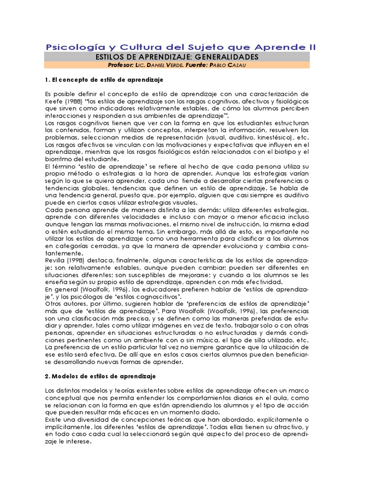 Estilos de Aprendizaje: Conceptos y Modelos | PDF | Aprendizaje ...