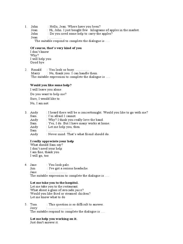 Dialogue Completion Exercises for English Learners | PDF | Foods