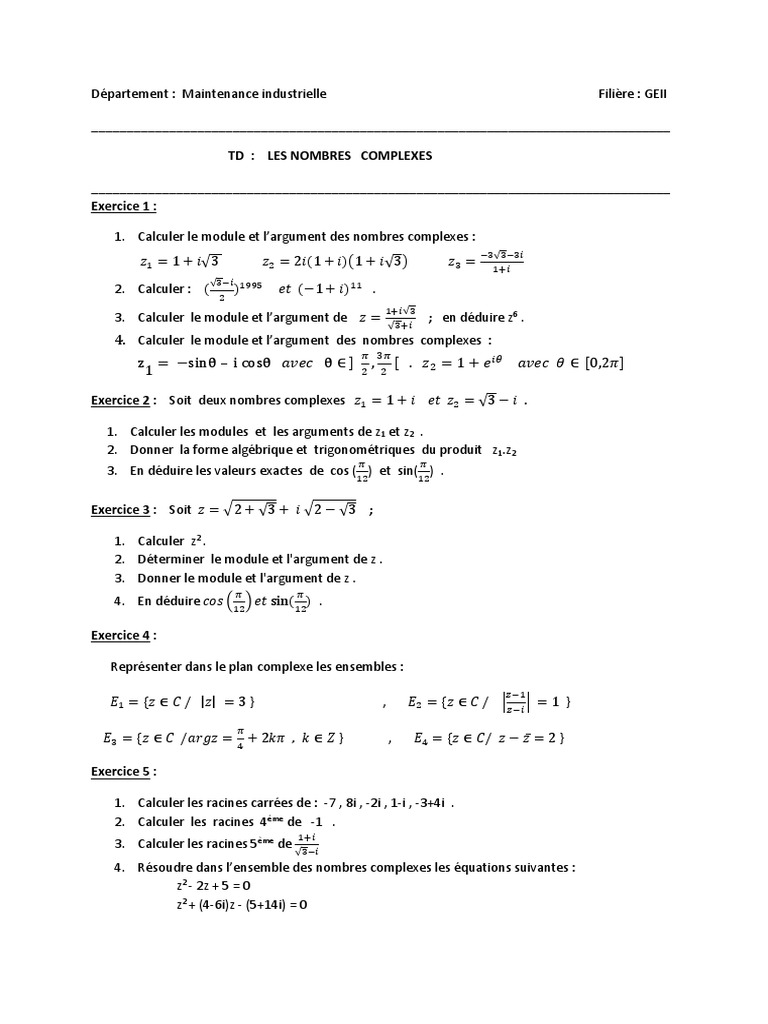TD sur les Nombres Complexes | PDF | Nombre complexe | Arithmétique