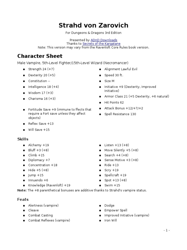Strahd Von Zarovich: Character Sheet | PDF
