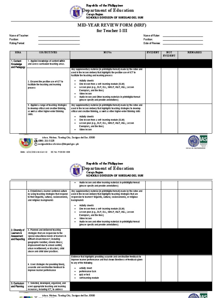 Department of Education: Mid-Year Review Form (MRF) For Teacher I-III ...