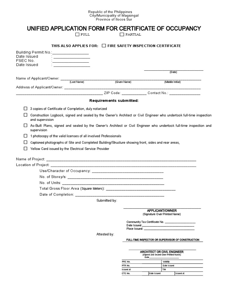 Unified Application Form For Certificate of Occupancy This Also