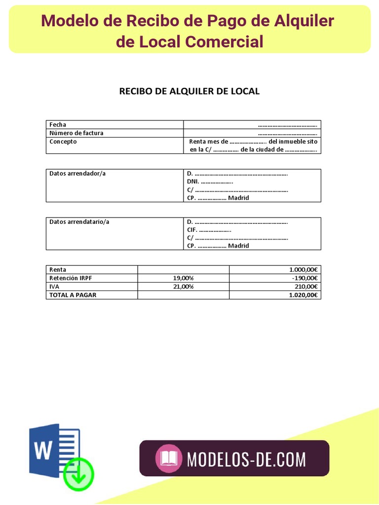 Modelo de Recibo de Pago de Alquiler de Local | PDF