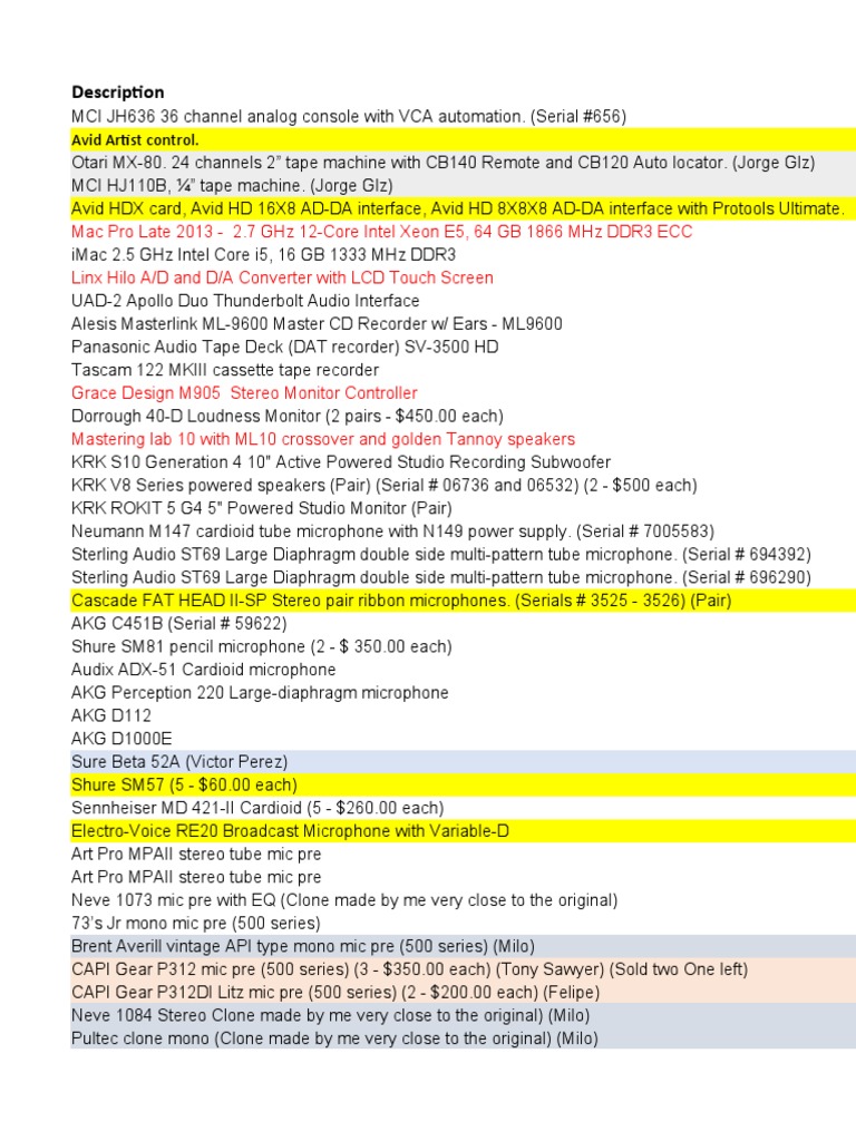 Britannia Studio Equipment List PDF Microphone Computer Engineering
