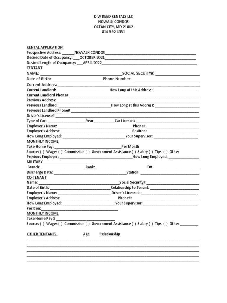 Ocean City Winter Rental Application PDF Concurrent Estate Leasehold Estate