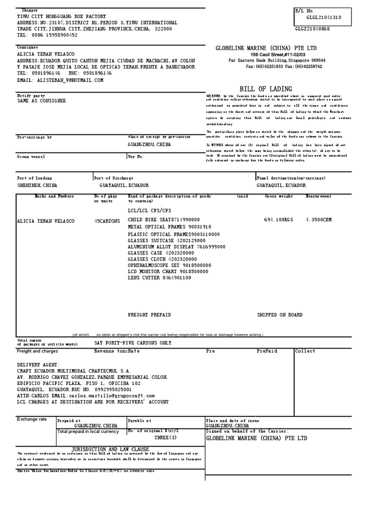 Bill of Lading for Globelink Marine | PDF | Bill Of Lading | Cargo