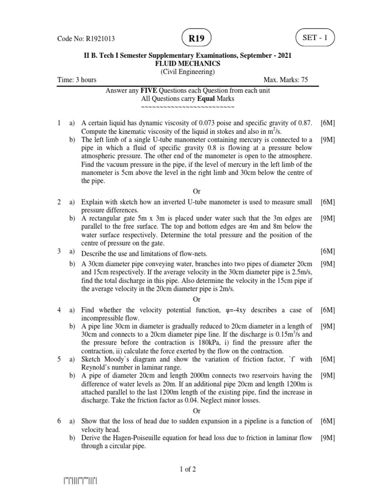 Fluid Mechanics Sept 2021 | PDF | Boundary Layer | Pressure