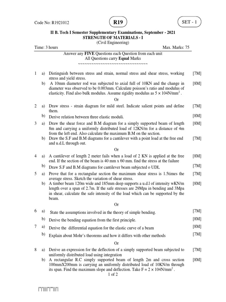 Strength of Materials Exam Guide | PDF | Young's Modulus | Bending