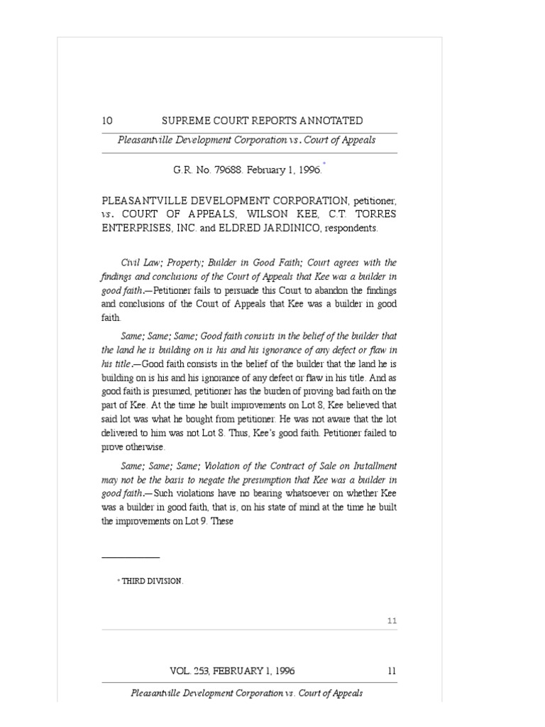 25.) Pleasantville Development Corporation vs. Court of Appeals PDF Lawsuit Legal Liability