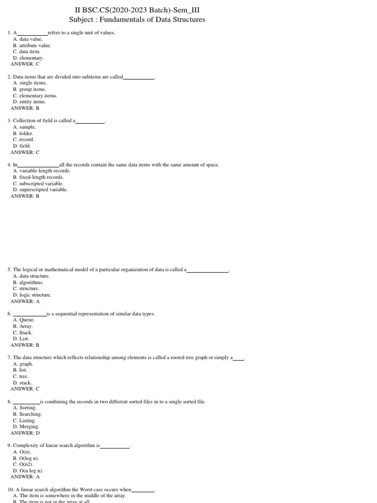 Fundamentals of Data Structures - MCQ - I | PDF | String (Computer ...