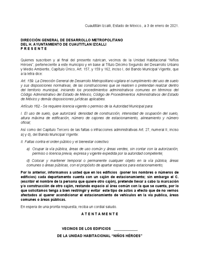 Solicitud para restringir la construcción no autorizada de cajones de estacionamiento en áreas