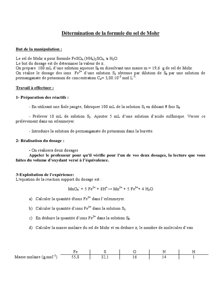 Formule et Dosage du Sel de Mohr PDF Chimie Sciences physiques — free download