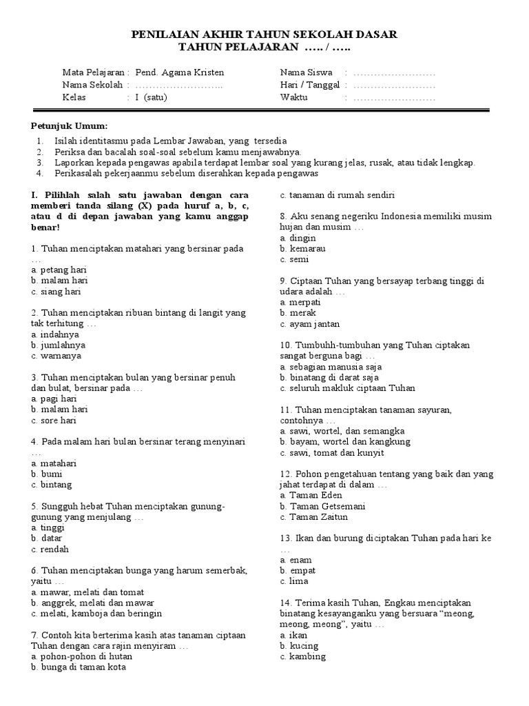 Soal Pat Agama Kristen Kelas 1 Pdf