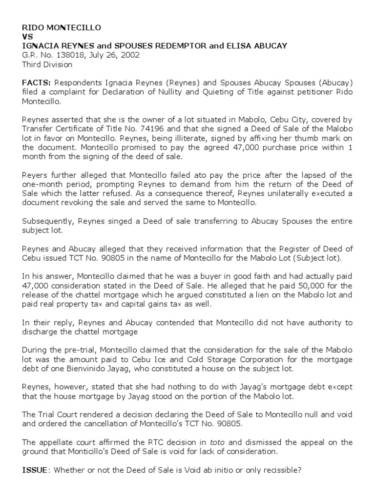 Cancellation of Deed of Sale For Lack of Consideration Cases PDF