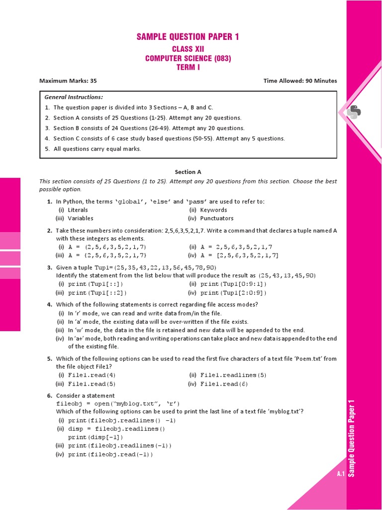 Class 12 Computer Science Sample Paper 1 | PDF | Parameter (Computer ...