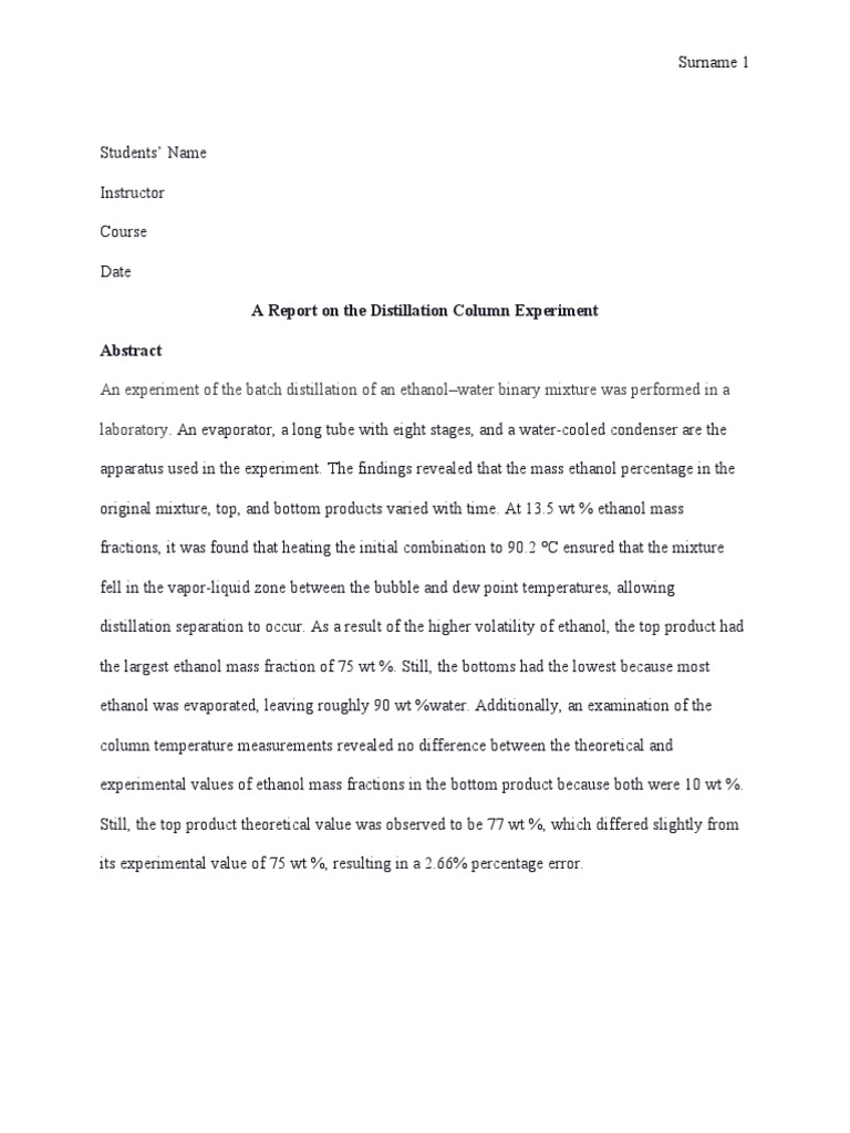 A Report On The Distillation Column Experiment PDF Distillation Ethanol