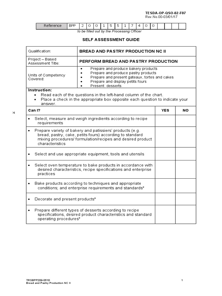 Self Assessment Guide Bread and Pastry Production NC Ii Perform Bread ...