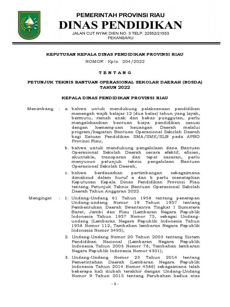 Juknis BOSDA Riau 2022 untuk Pendidikan | PDF