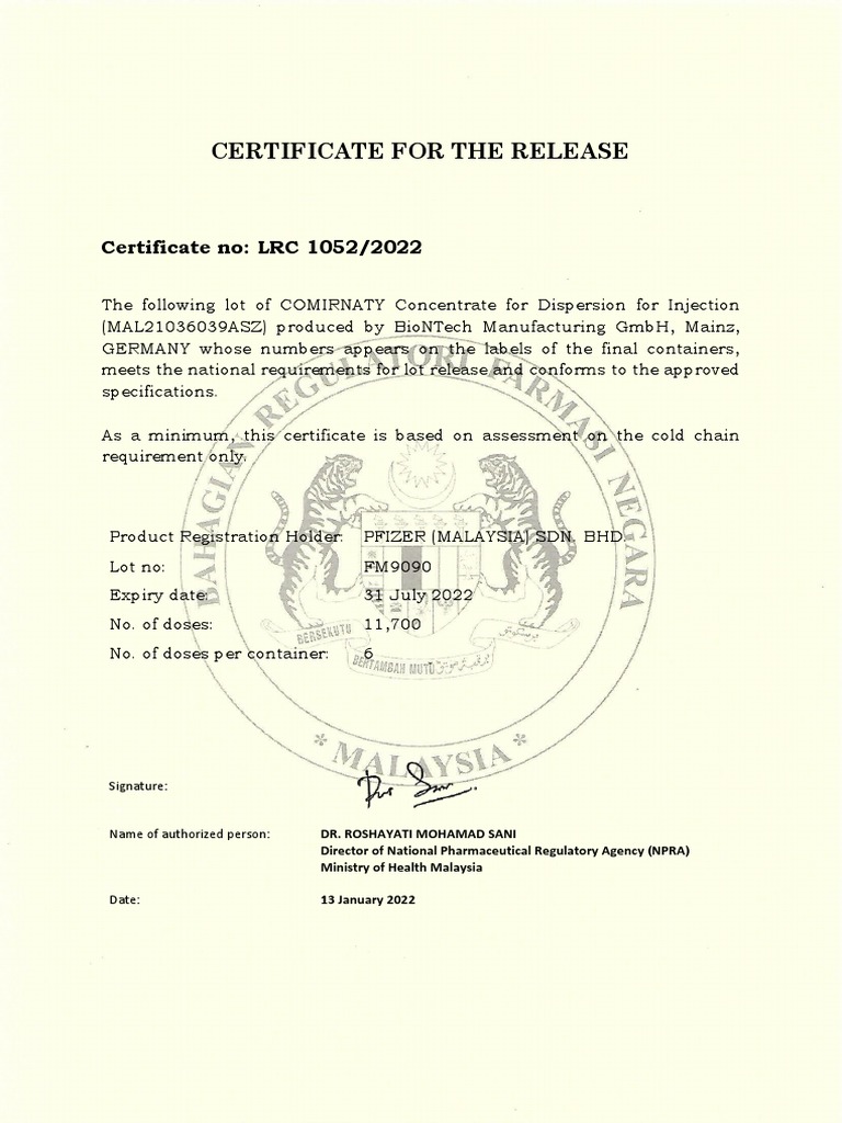 COMIRNATY Lot Release Certificate FM9090 | PDF | Business | Finance ...