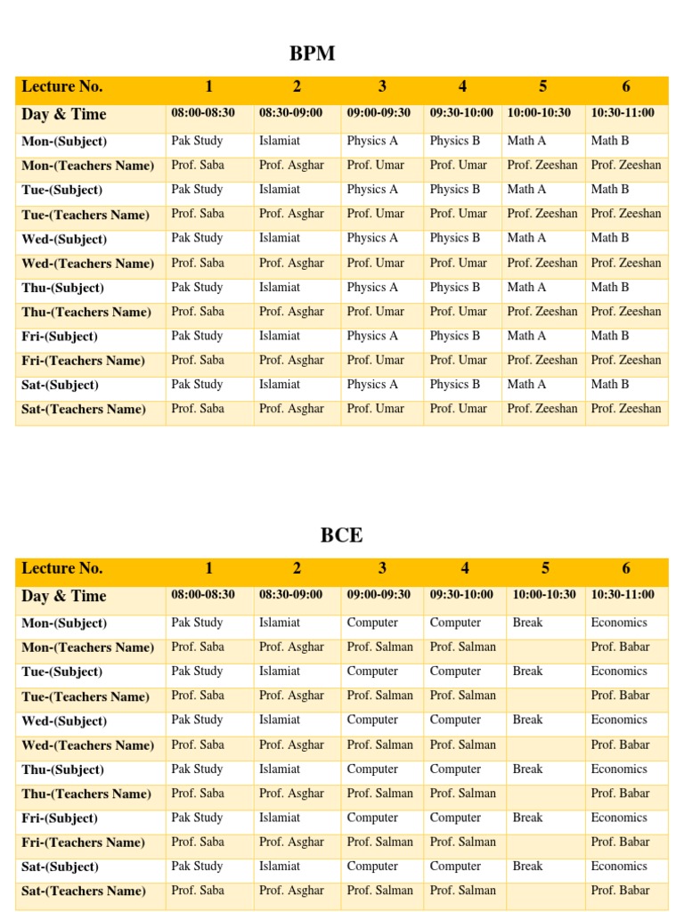 Weekly BPM & BCE Class Schedule | PDF | Language Arts & Discipline