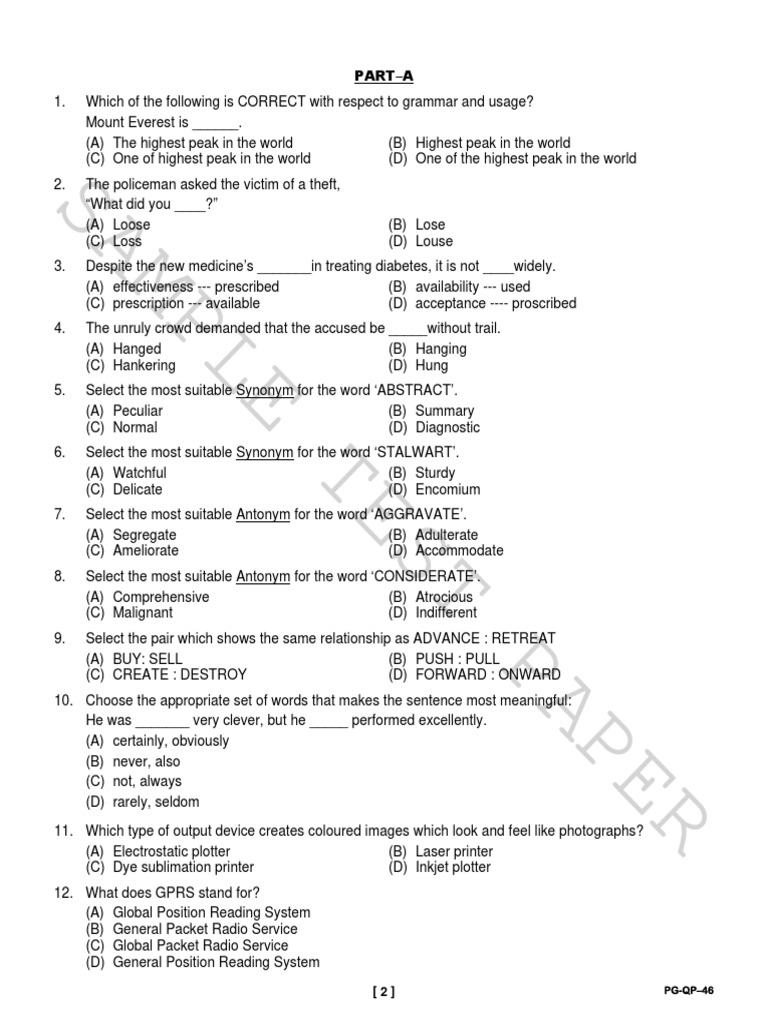 Sample Test Paper Sample Test Paper Sample Test Paper: PG-QP-46 ...