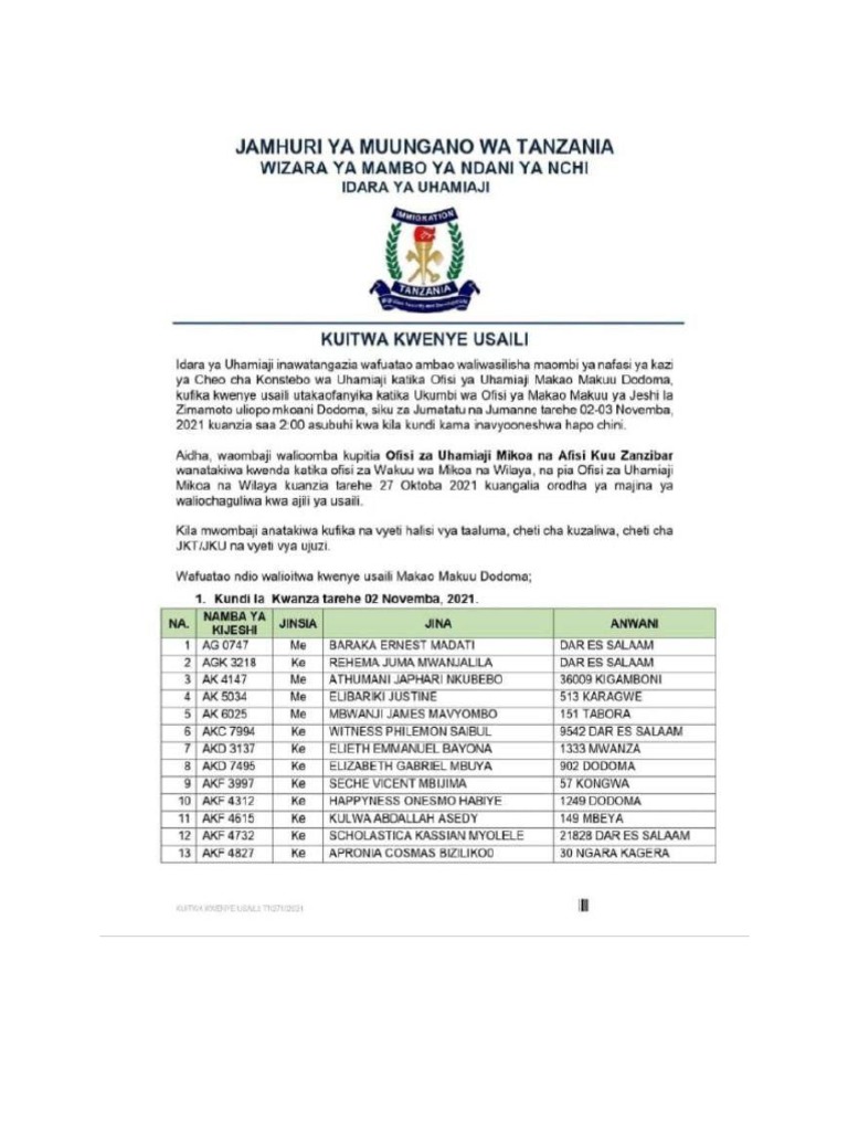 Uhamiaji Orodha Ya Usaili Pdf