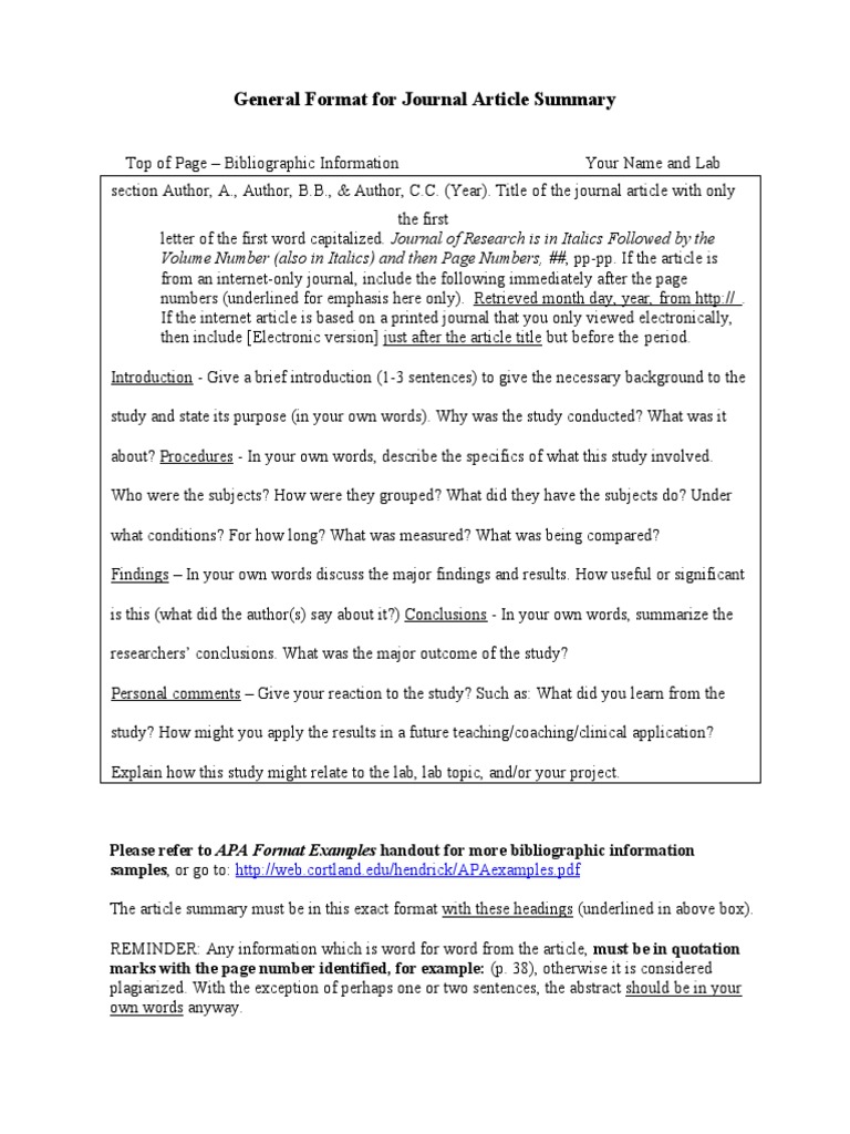 General Format For Journal Article Summary | PDF