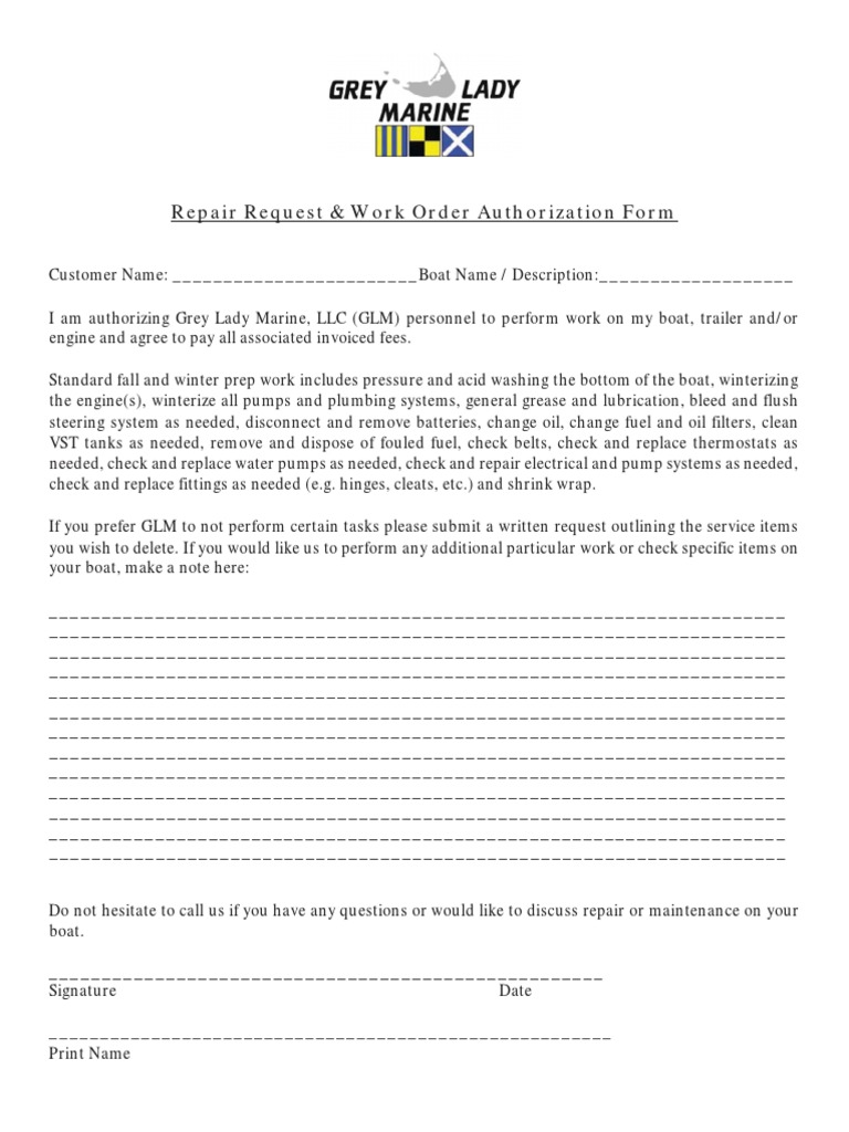 Repair Work Order Authorization Form | PDF