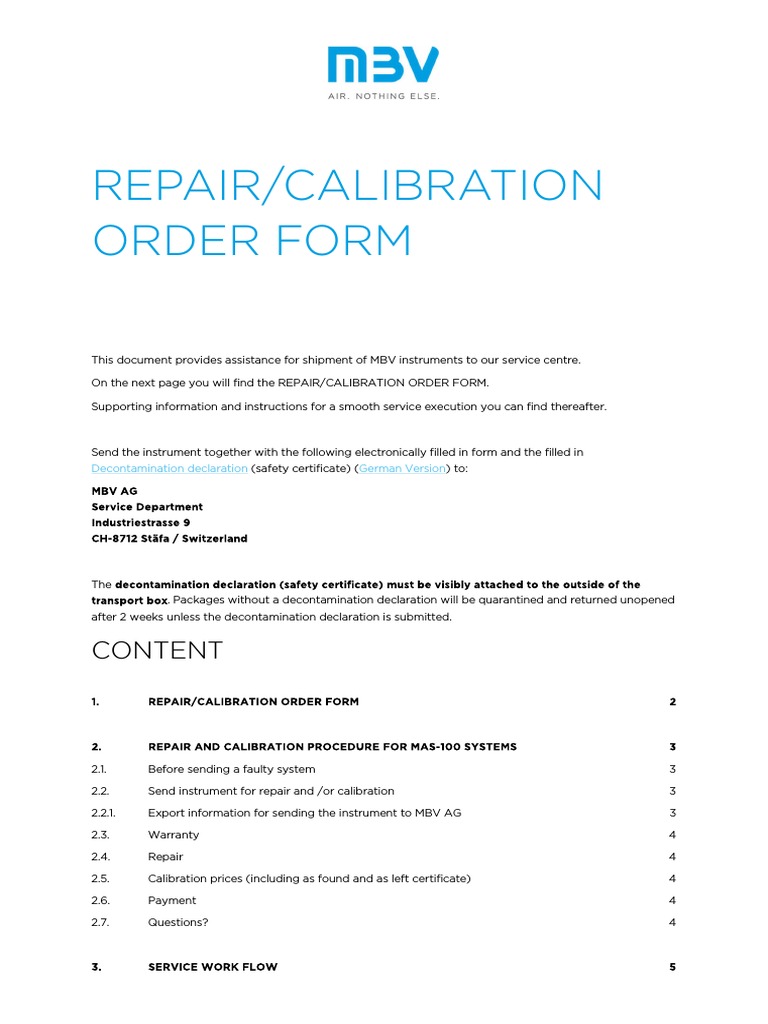 Repair and Calibration Order Form | PDF | Calibration | Business