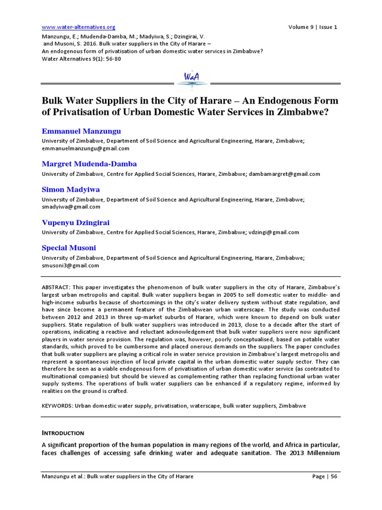 Bulk Water Suppliers in The City of Harare An Endogenous Form of