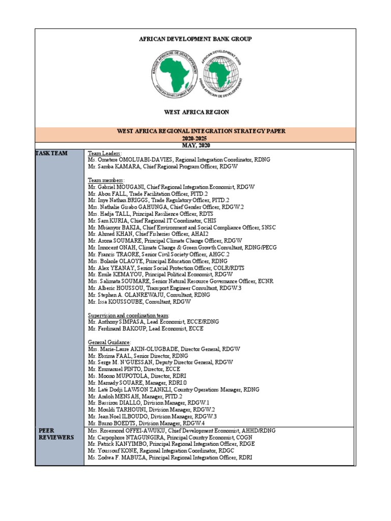 West Africa Regional Integration Strategy Paper 2020 2025 Pdf