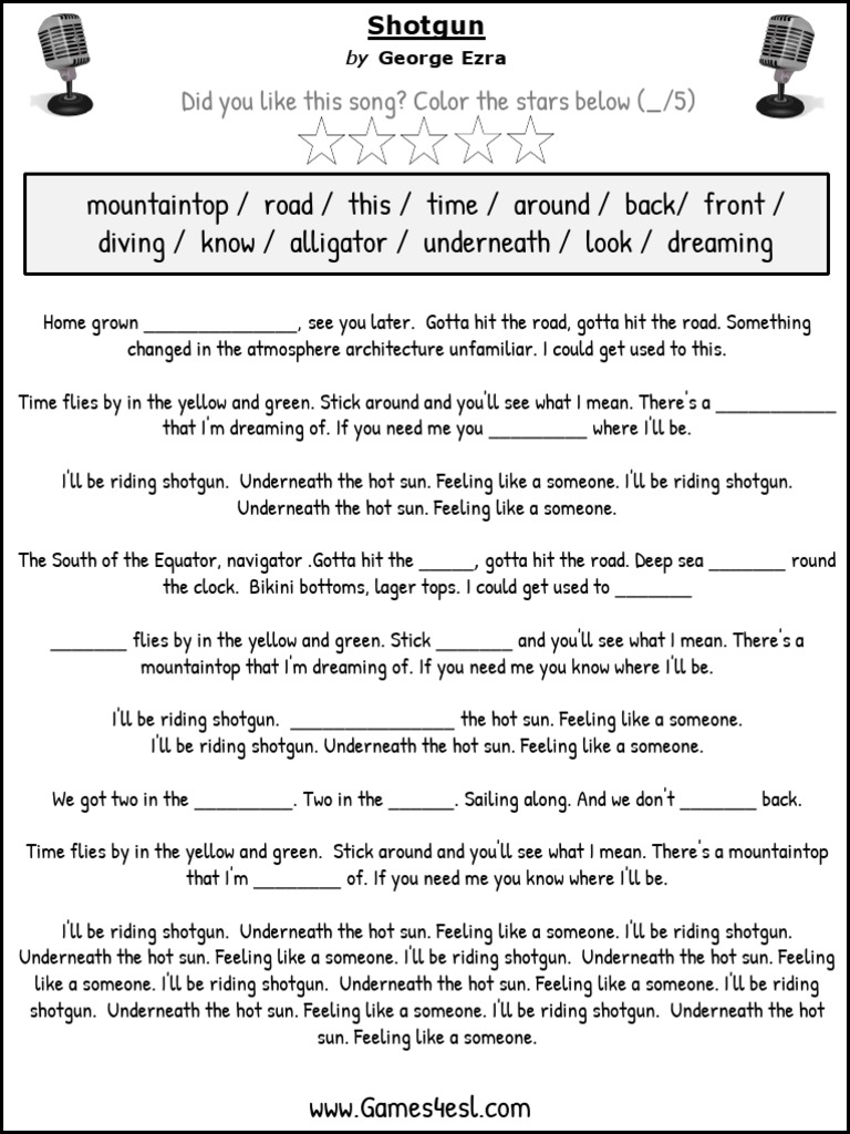 Shotgun by George Ezra Lyrics Worksheet | PDF
