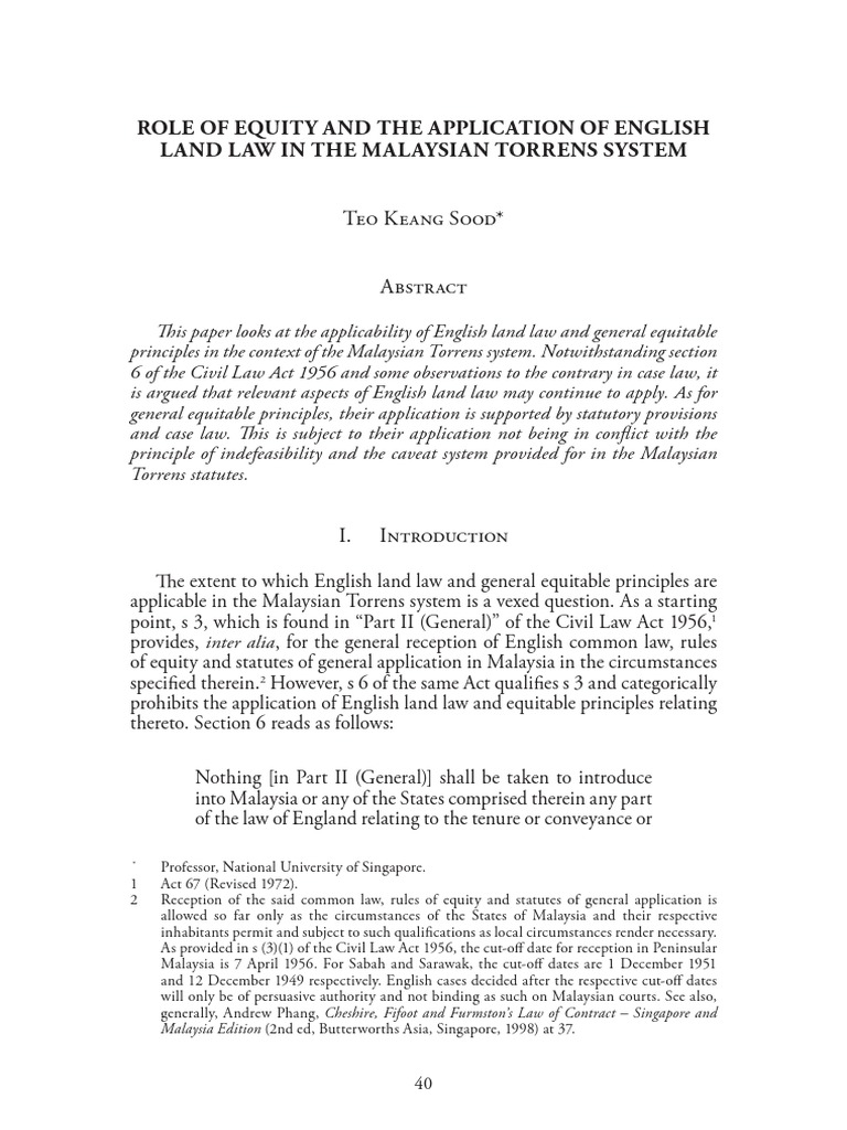 Role of Equity and The Application of English Land Law in The Malaysian Torrens System PDF