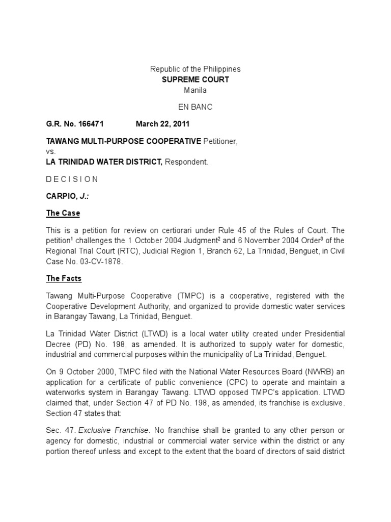 Tawang Multi Purpose Cooperative V La Trinidad Water District (G.R