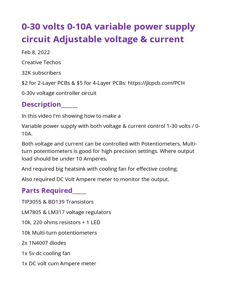 0-30 Volts 0-10A Variable Power Supply Circuit Adjustable Voltage