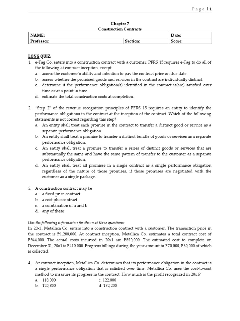 Construction Contracts Quiz and Analysis | PDF | Finance & Money Management