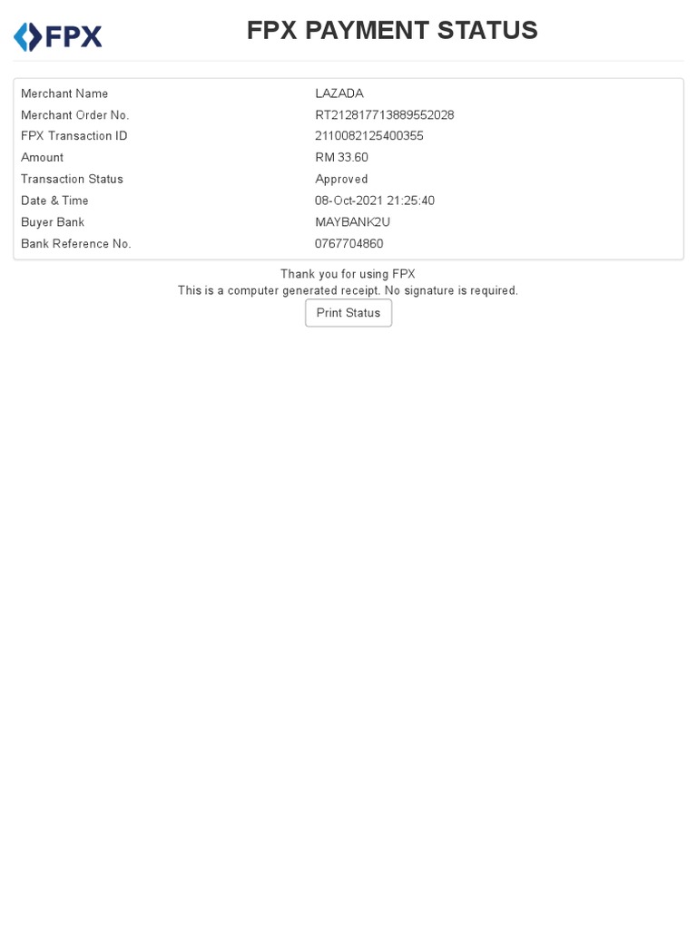 FPX Payment Receipt for Lazada Order | PDF