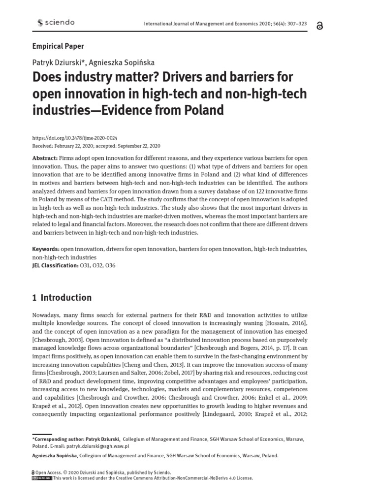 Does Industry Matter? Drivers and Barriers For Open Innovation in High ...