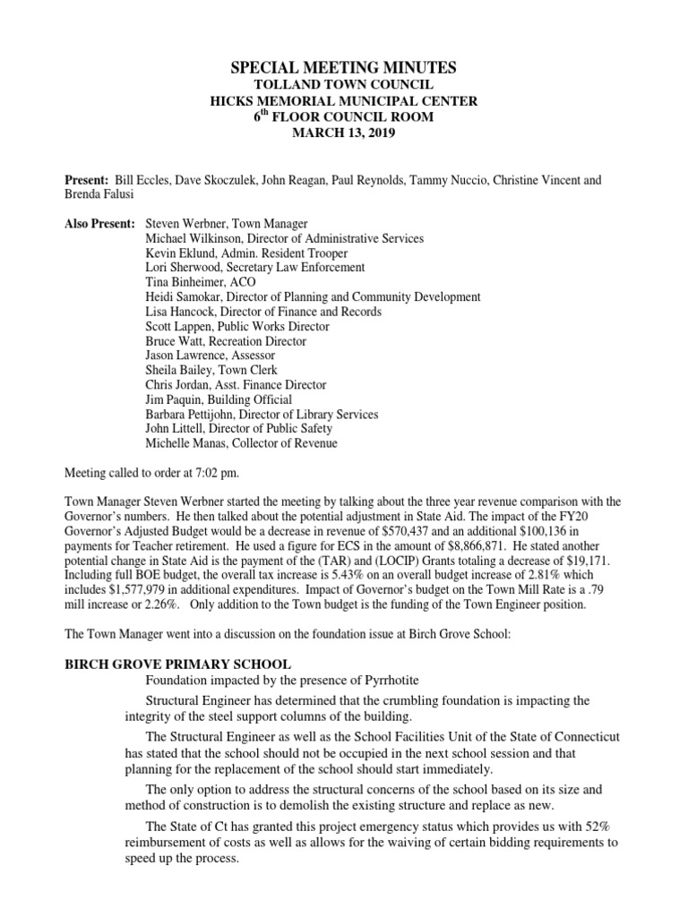 TOLLAND 3 Minutes Town Council 2019 20190313 Special Budget